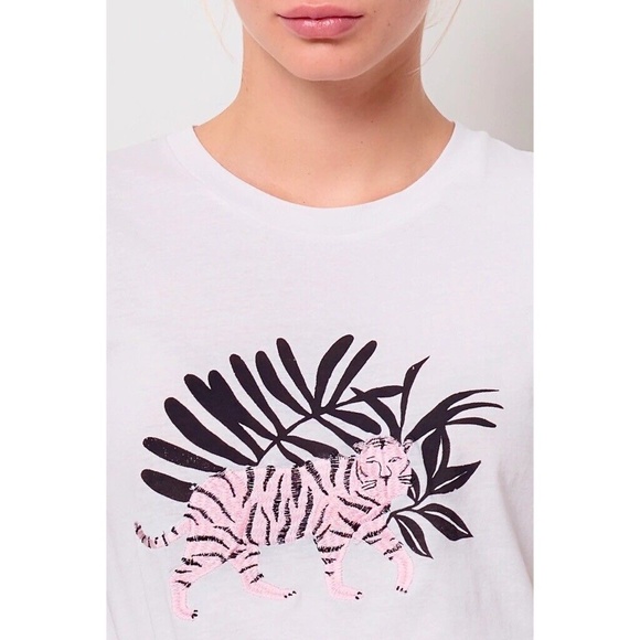 CLC COREY LYNN CALTER Yvette Embroidered Tiger Tee Screen-Print White Knit Small - Picture 5 of 12